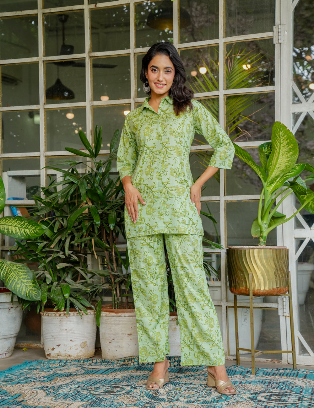 Light green Sanganeri Printed Relaxed Fit Shirt-style Cotton Co-ord Set - HL134