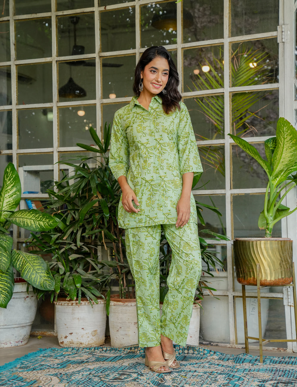 Light green Sanganeri Printed Relaxed Fit Shirt-style Cotton Co-ord Set - HL134
