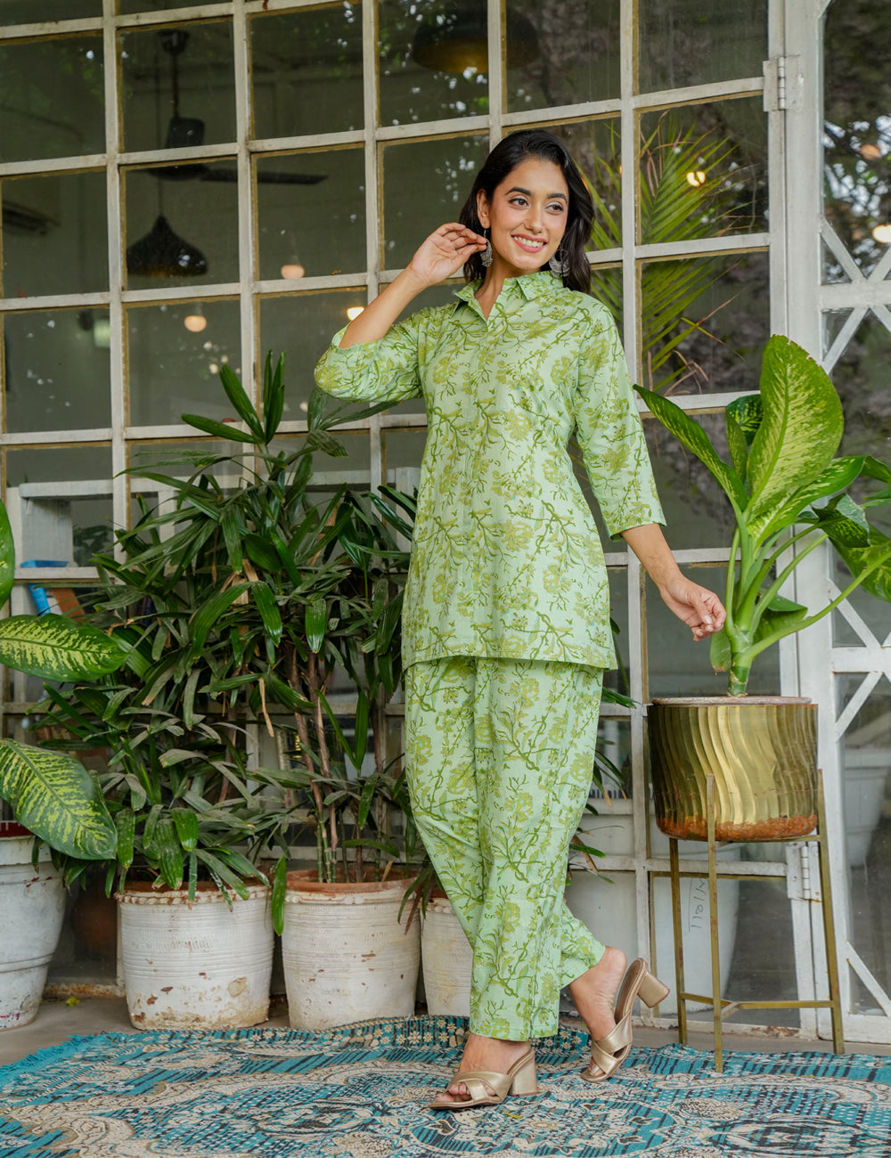 Light green Sanganeri Printed Relaxed Fit Shirt-style Cotton Co-ord Set - HL134