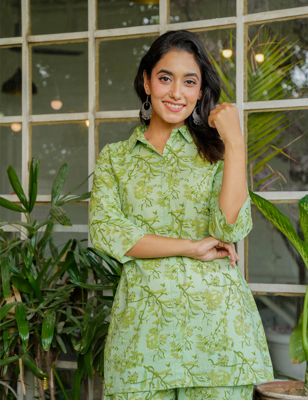Light green Sanganeri Printed Relaxed Fit Shirt-style Cotton Co-ord Set - HL134