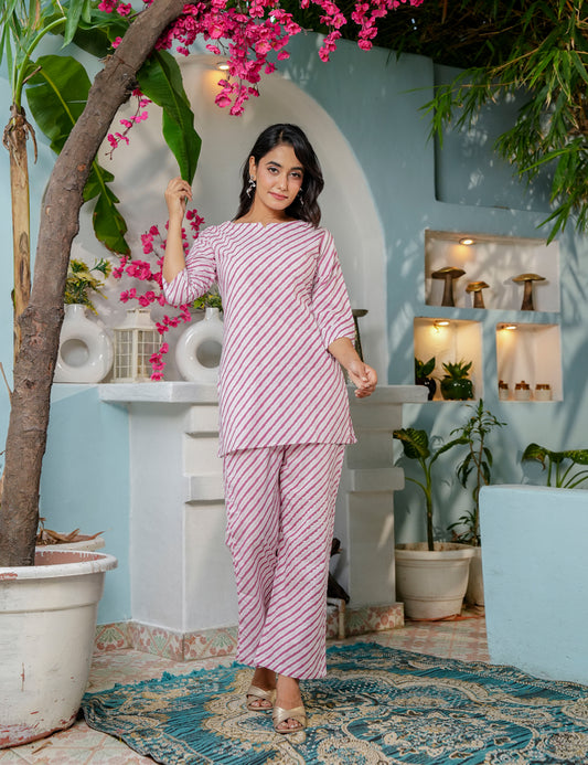 Soft and elegant striped Sanganeri Printed Relaxed Fit Cotton Co-ord Set - HL137