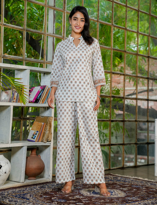 Hand-Block Printed Cotton Co-ord Set with Mandarin Collar - HL38