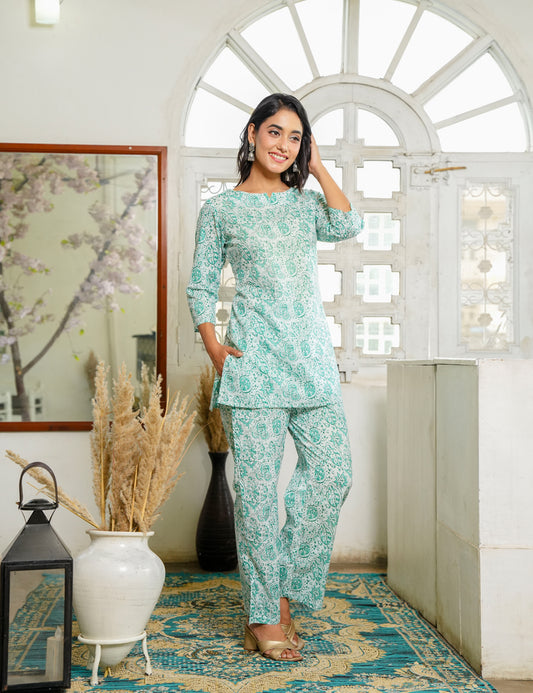 Refreshing mint-green Sanganeri Printed Relaxed Fit Cotton Co-ord Set - HL140