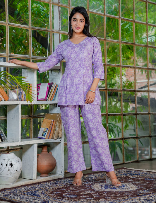 Lavender Grace Sanganeri Printed Cotton Co-ord Set - HL40
