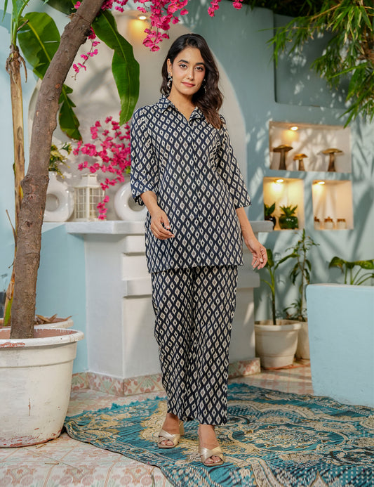 Diamond Ikat Sanganeri Printed Relaxed Fit Cotton Co-ord Set - HL141