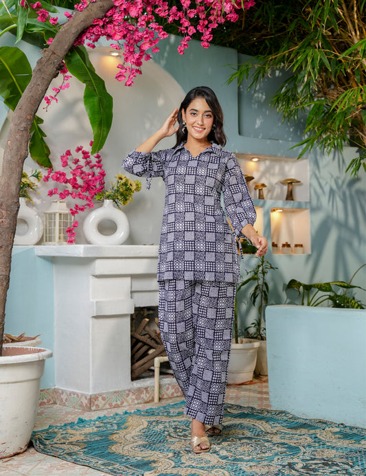 Geometric block pattern Sanganeri Printed Relaxed Fit Cotton Co-ord Set - HL143