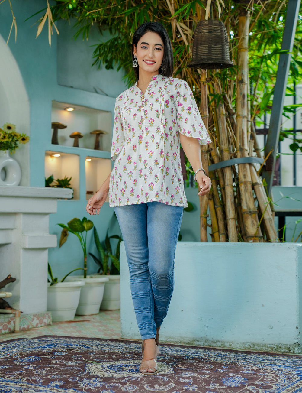 Floral Charm Hand-Block Printed Cotton Short Kurti - HL52