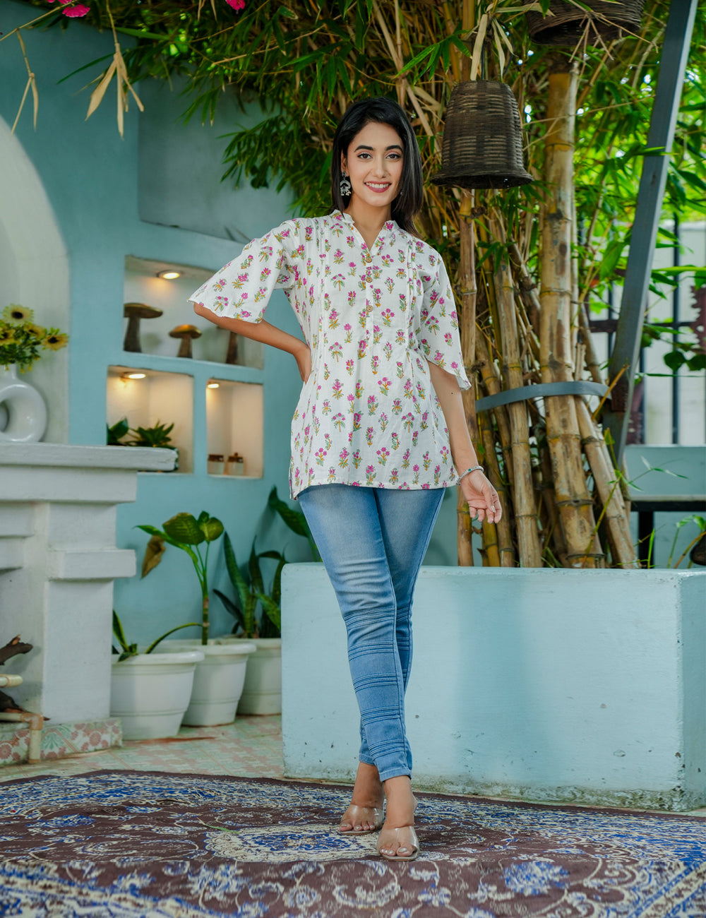 Floral Charm Hand-Block Printed Cotton Short Kurti - HL52