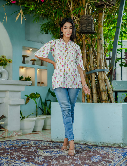 Floral Charm Hand-Block Printed Cotton Short Kurti - HL52