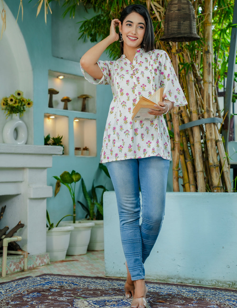 Floral Charm Hand-Block Printed Cotton Short Kurti - HL52