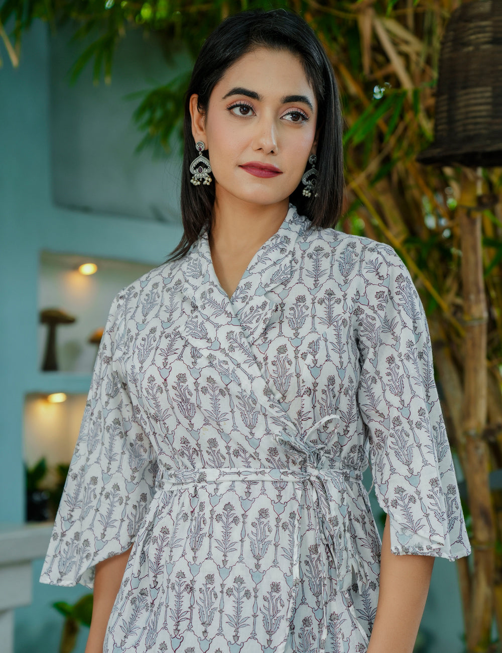 Grey Palm Wrap-Tie Hand-Block Printed Cotton Peplum Kurti - HL53
