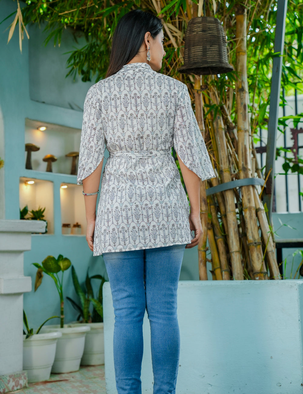 Grey Palm Wrap-Tie Hand-Block Printed Cotton Peplum Kurti - HL53