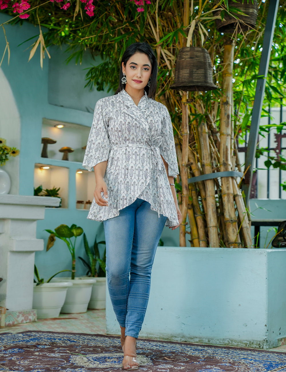 Grey Palm Wrap-Tie Hand-Block Printed Cotton Peplum Kurti - HL53