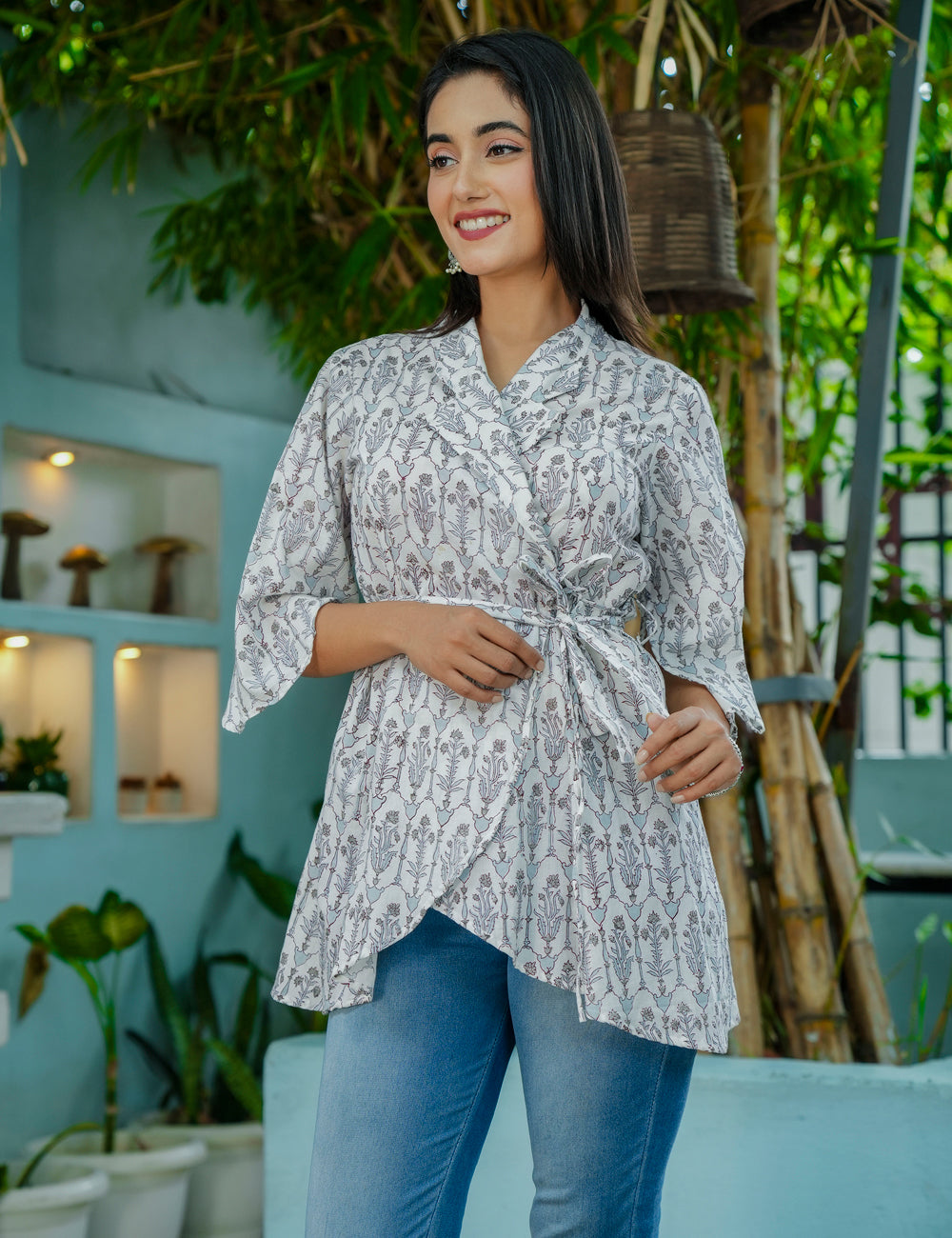 Grey Palm Wrap-Tie Hand-Block Printed Cotton Peplum Kurti - HL53
