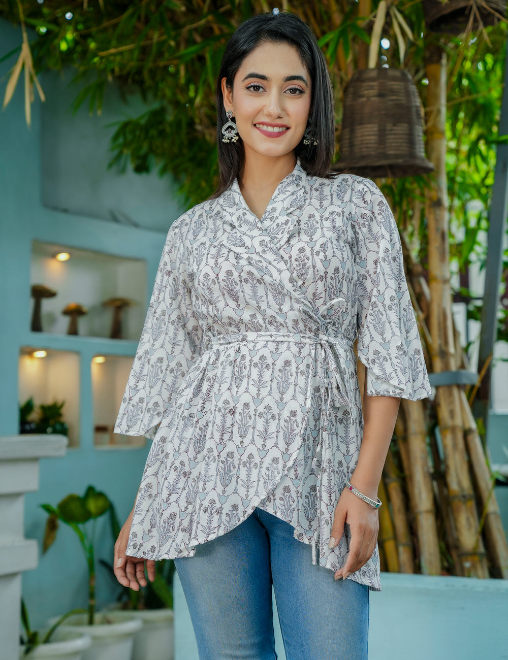 Grey Palm Wrap-Tie Hand-Block Printed Cotton Peplum Kurti - HL53