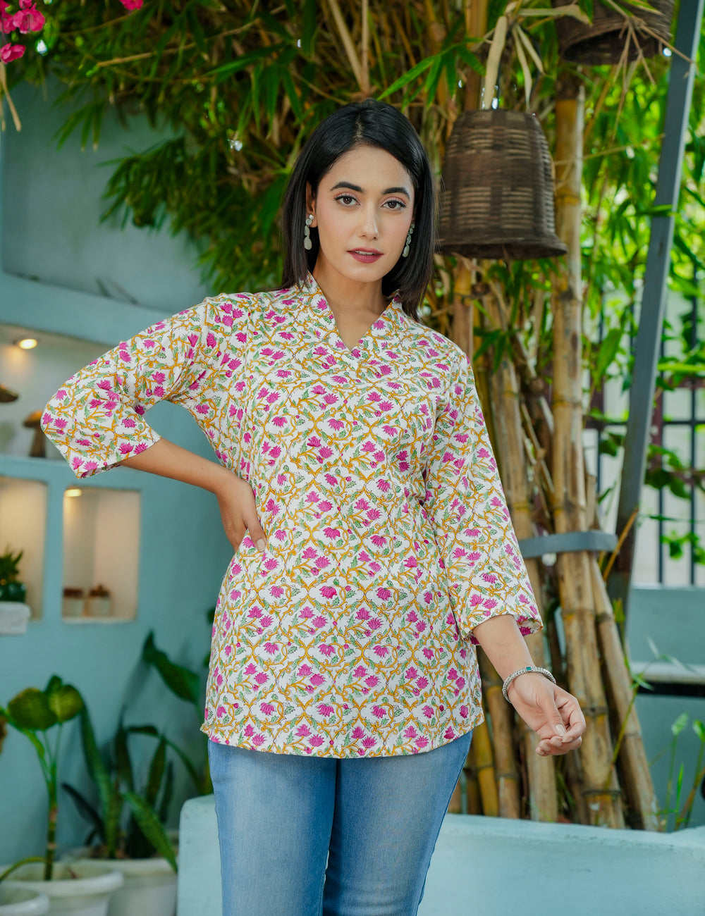 Floral Lattice Hand-Block Printed Cotton Short Kurti - HL54