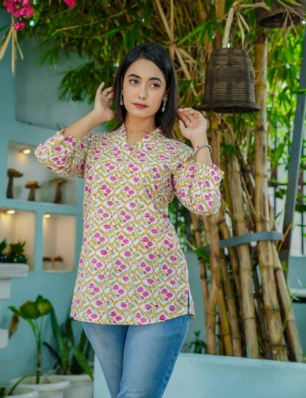 Floral Lattice Hand-Block Printed Cotton Short Kurti - HL54