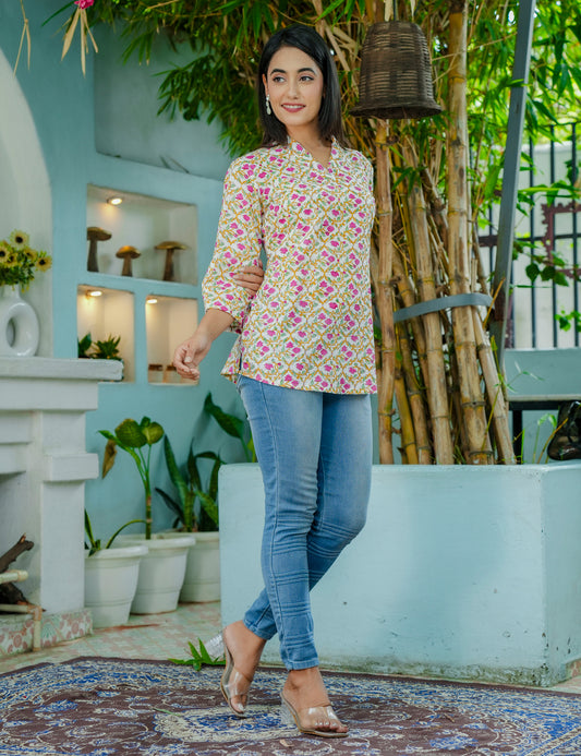 Floral Lattice Hand-Block Printed Cotton Short Kurti - HL54