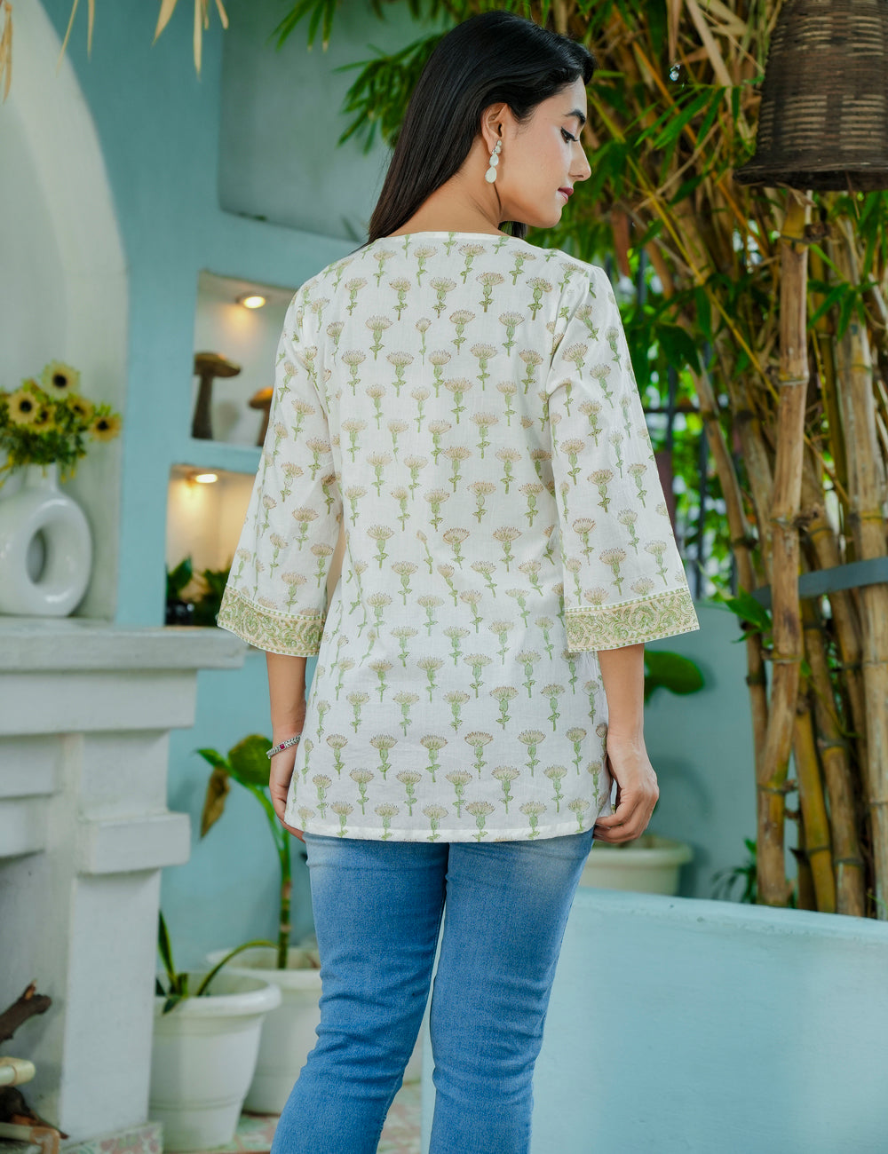Olive Bloom Hand-Block Floral Printed Cotton Short Kurti - HL55
