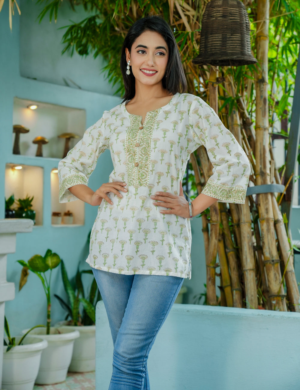 Olive Bloom Hand-Block Floral Printed Cotton Short Kurti - HL55