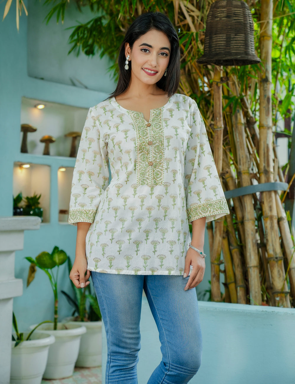 Olive Bloom Hand-Block Floral Printed Cotton Short Kurti - HL55