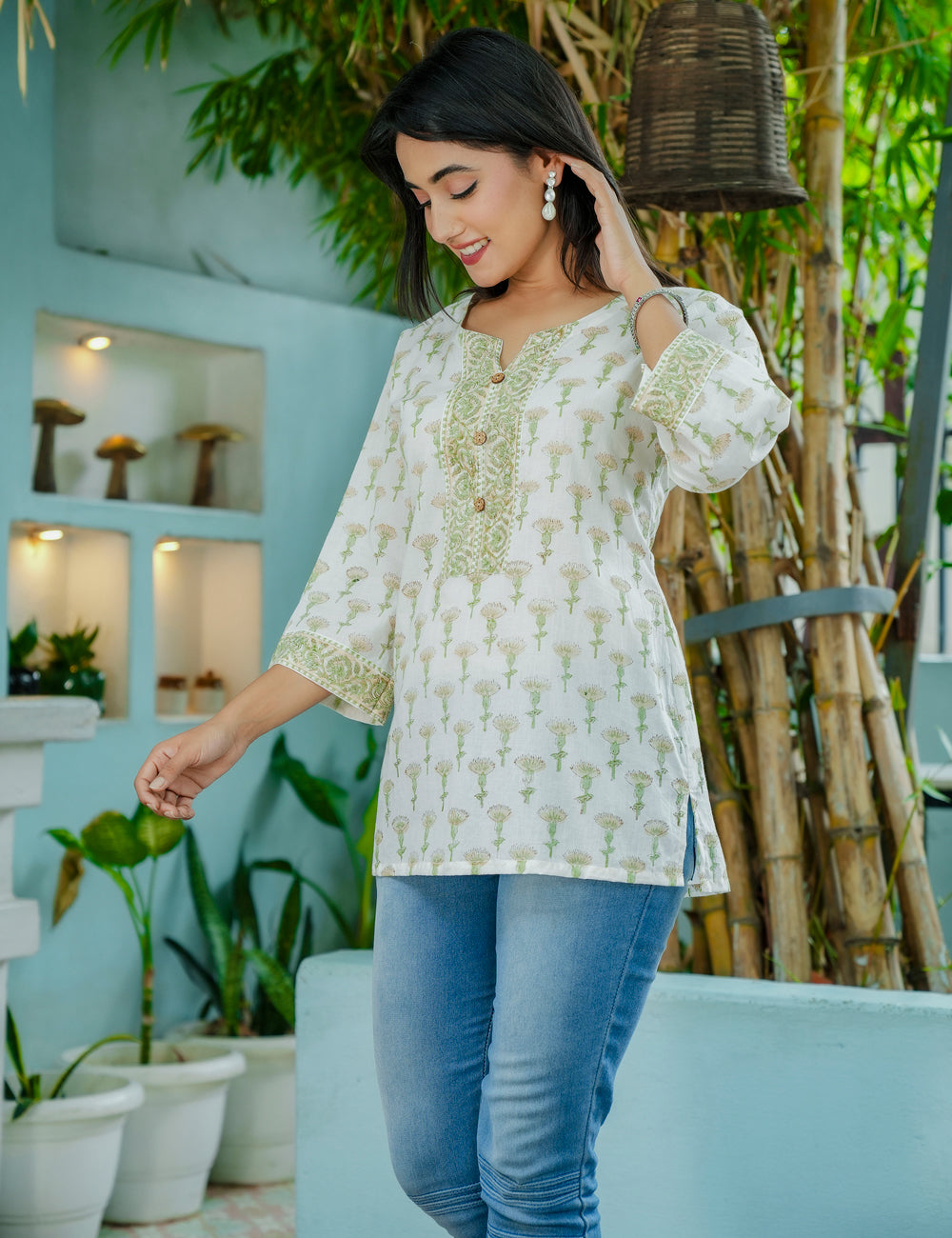 Olive Bloom Hand-Block Floral Printed Cotton Short Kurti - HL55