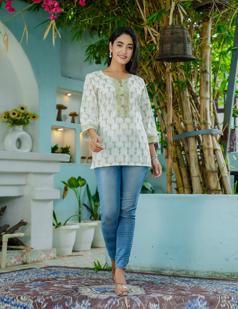 Olive Bloom Hand-Block Floral Printed Cotton Short Kurti - HL55