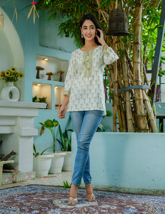 Olive Bloom Hand-Block Floral Printed Cotton Short Kurti - HL55
