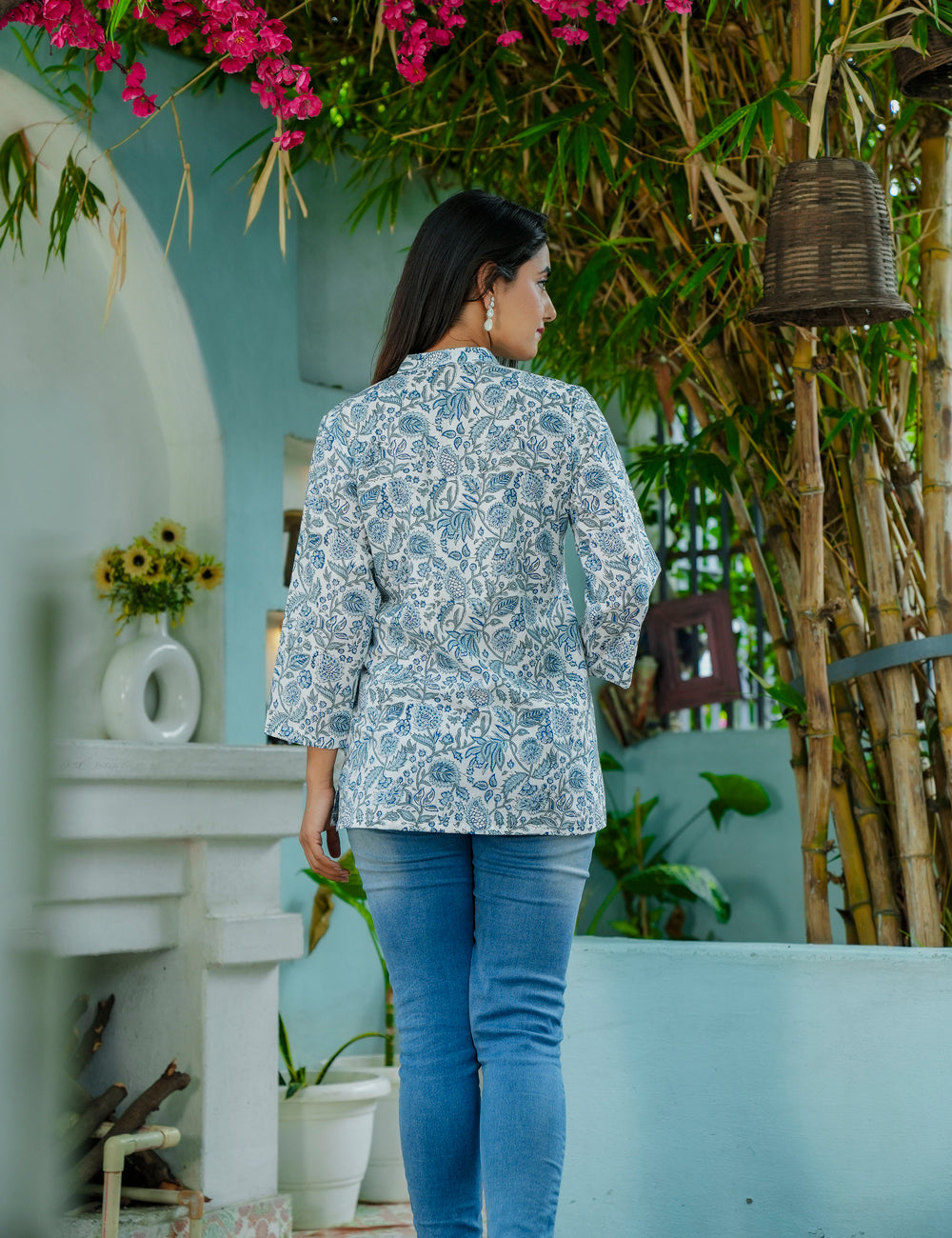 Blue Floral and Foliage Hand-Block Printed Cotton Short Kurti - HL56