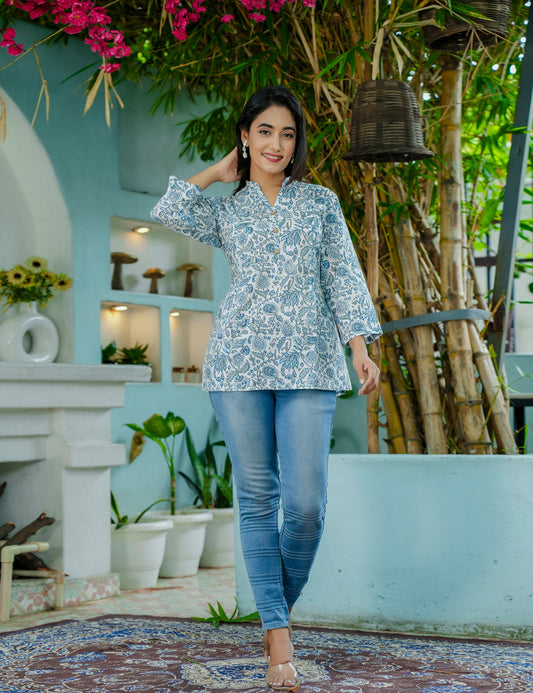 Blue Floral and Foliage Hand-Block Printed Cotton Short Kurti - HL56