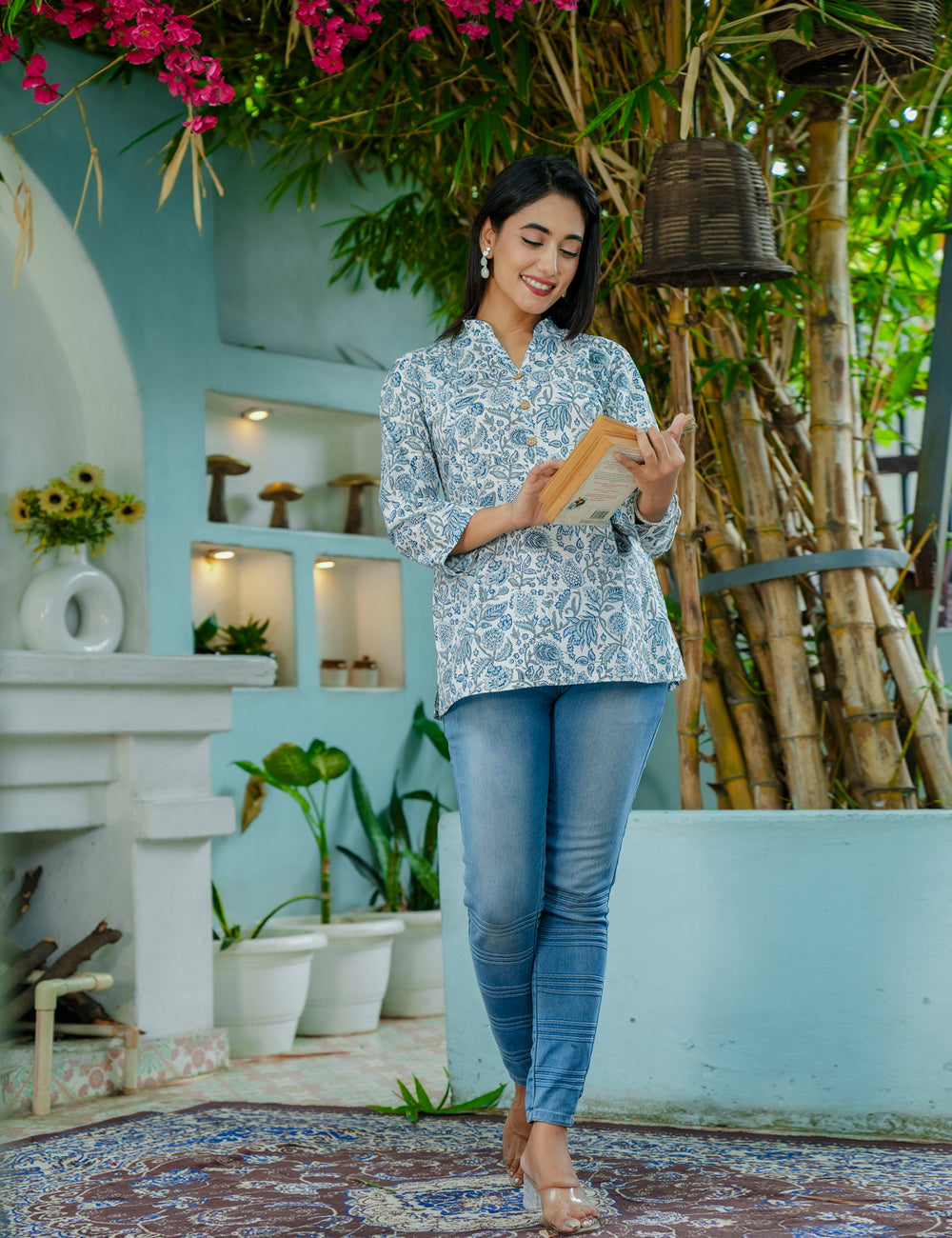 Blue Floral and Foliage Hand-Block Printed Cotton Short Kurti - HL56