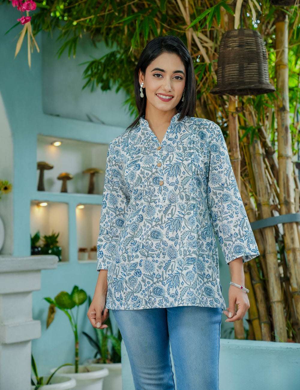 Blue Floral and Foliage Hand-Block Printed Cotton Short Kurti - HL56