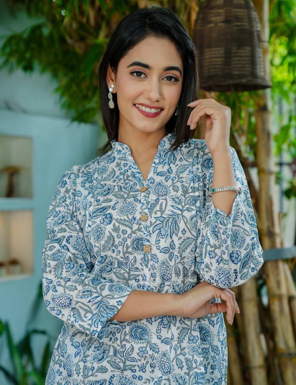 Blue Floral and Foliage Hand-Block Printed Cotton Short Kurti - HL56