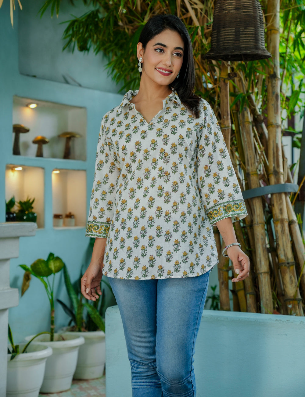 Mustard Bloom Floral Hand-Block Printed Cotton Short Kurti - HL57