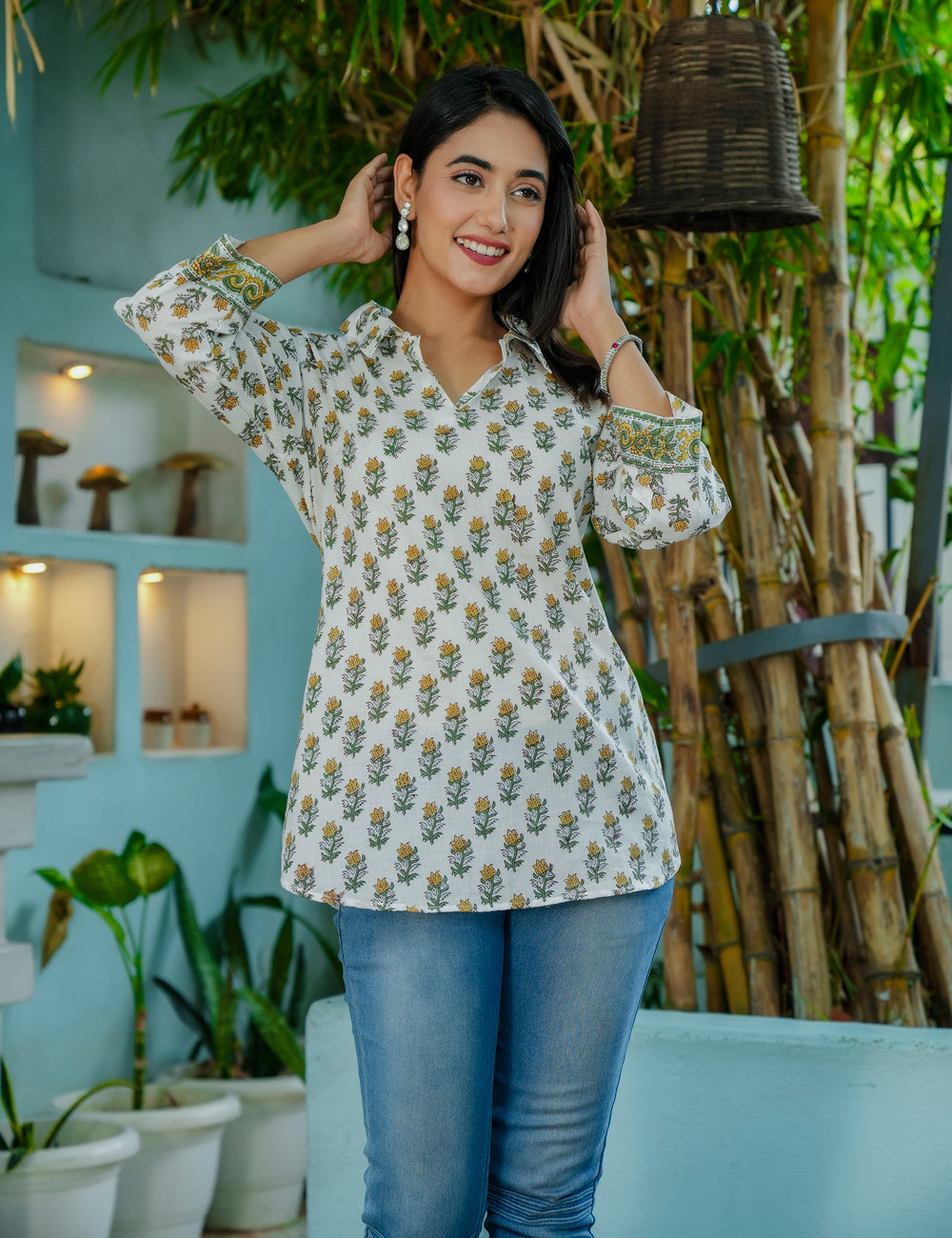 Mustard Bloom Floral Hand-Block Printed Cotton Short Kurti - HL57