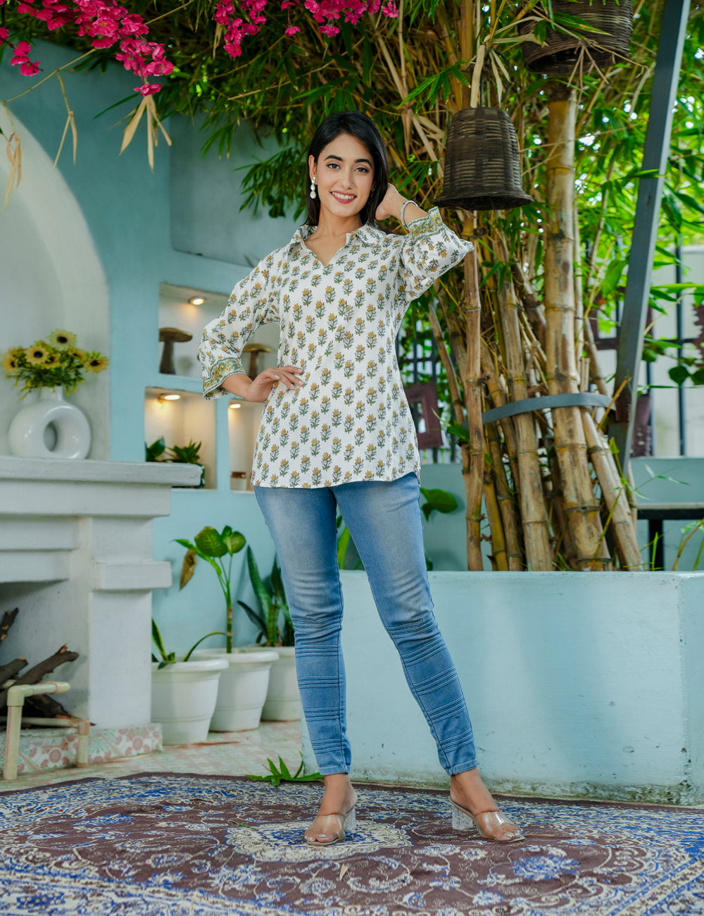 Mustard Bloom Floral Hand-Block Printed Cotton Short Kurti - HL57