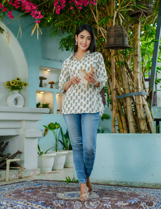 Mustard Bloom Floral Hand-Block Printed Cotton Short Kurti - HL57