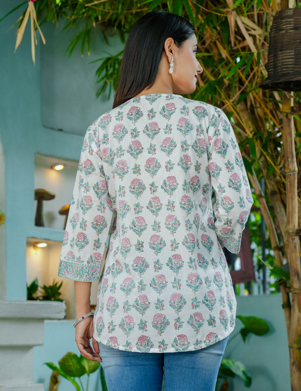 Blush Garden Subtle Off-white Hand-Block Printed Floral Cotton Short Kurti - HL58