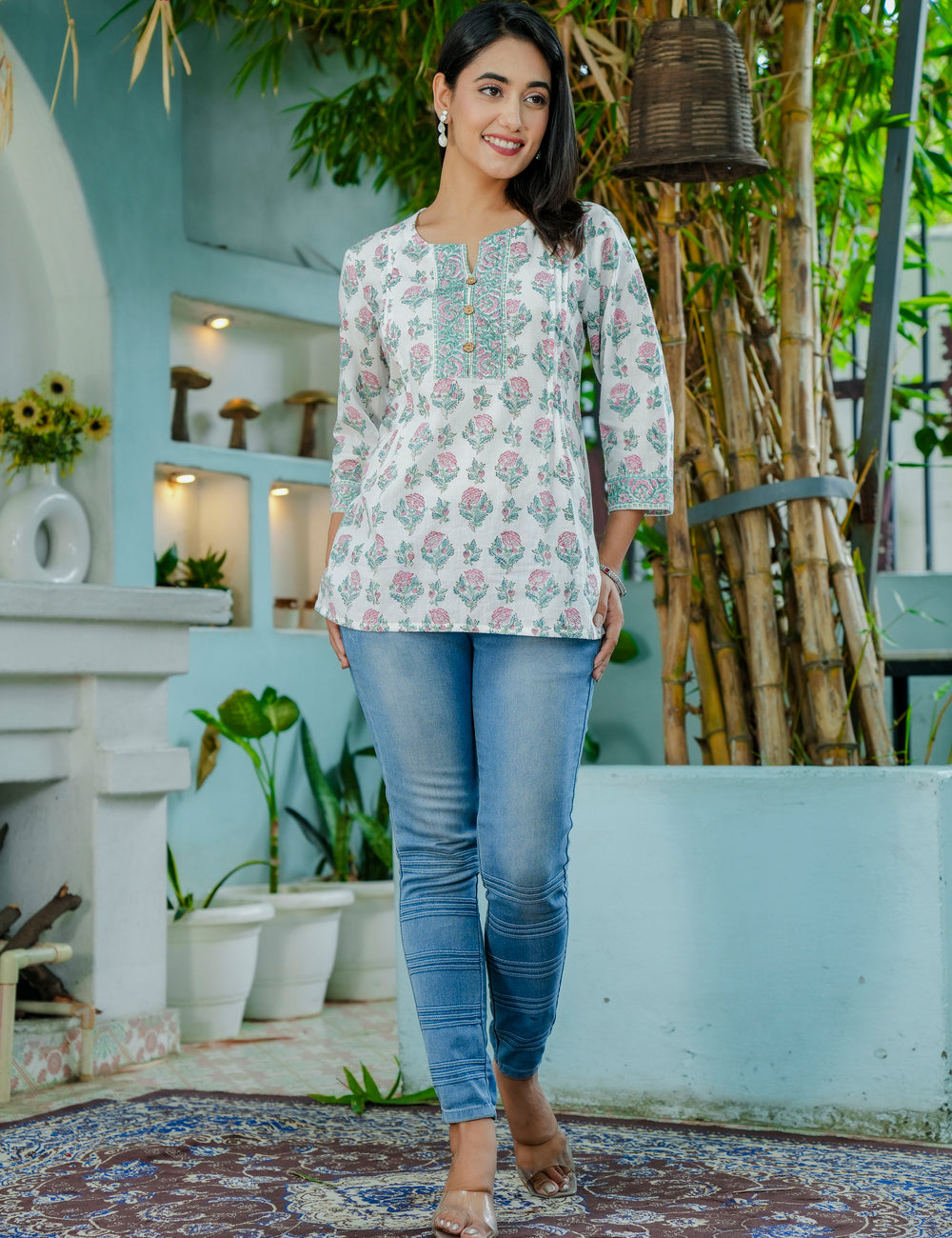 Blush Garden Subtle Off-white Hand-Block Printed Floral Cotton Short Kurti - HL58