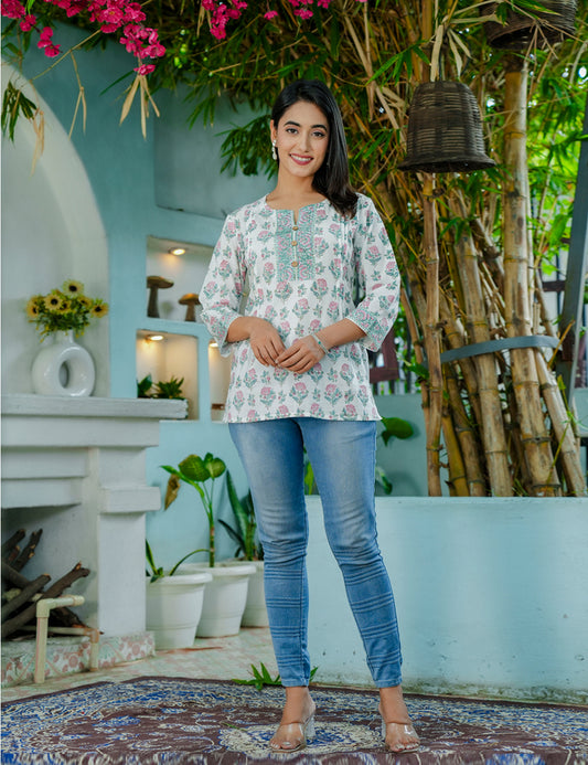 Blush Garden Subtle Off-white Hand-Block Printed Floral Cotton Short Kurti - HL58
