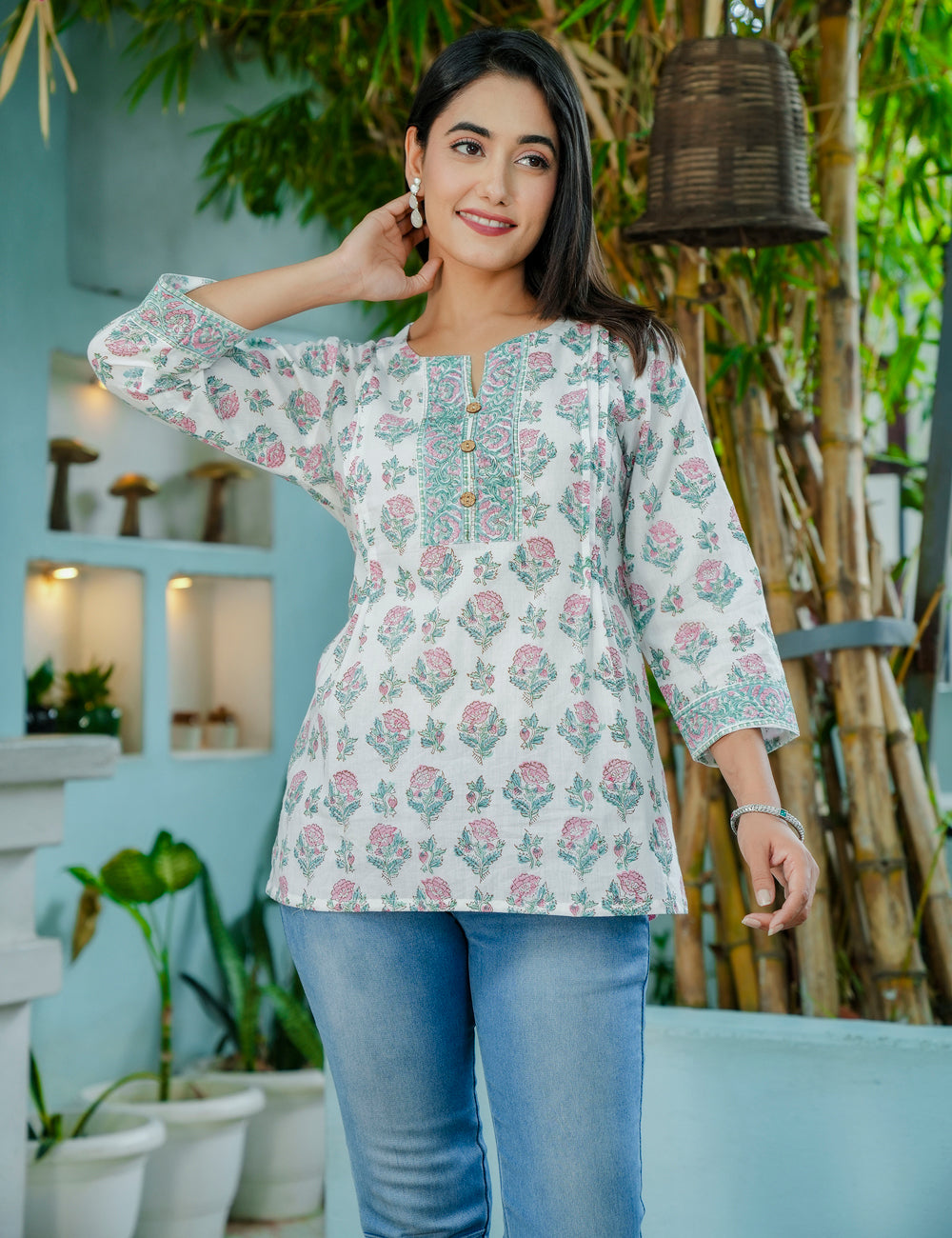 Blush Garden Subtle Off-white Hand-Block Printed Floral Cotton Short Kurti - HL58
