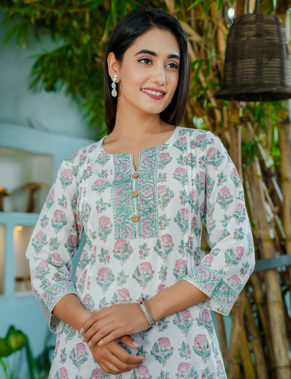 Blush Garden Subtle Off-white Hand-Block Printed Floral Cotton Short Kurti - HL58