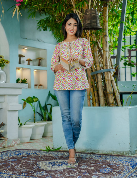 Lattice Bloom Hand-Block Floral Printed Cotton Short Kurti - HL59