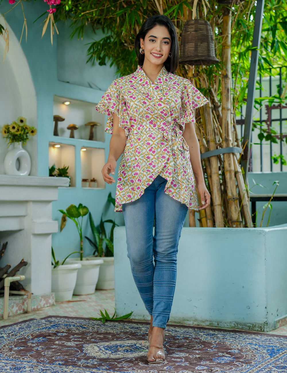 Gul Viraasat Wrap-Style Floral Lattice Hand Block printed Cotton Short Kurti - HL60