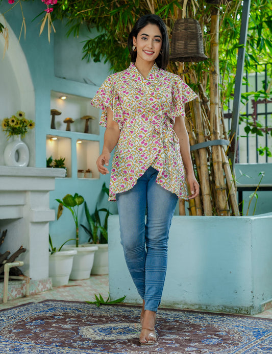 Gul Viraasat Wrap-Style Floral Lattice Hand Block printed Cotton Short Kurti - HL60