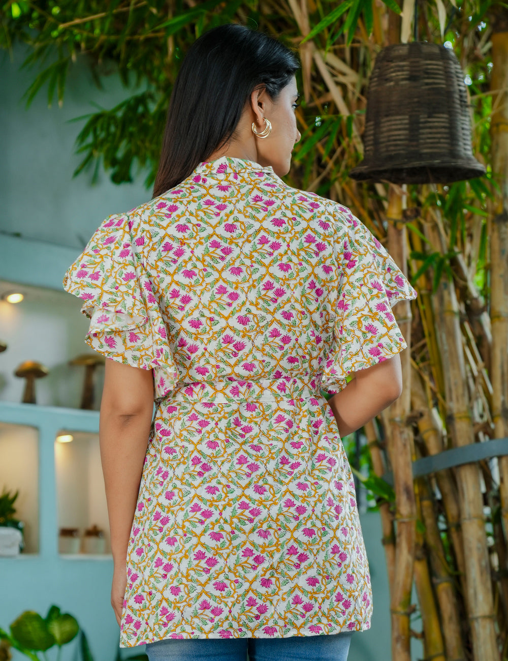Gul Viraasat Wrap-Style Floral Lattice Hand Block printed Cotton Short Kurti - HL60