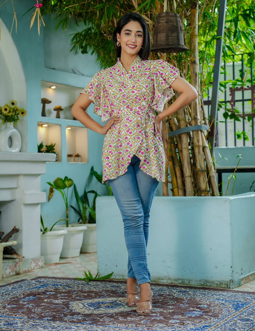 Gul Viraasat Wrap-Style Floral Lattice Hand Block printed Cotton Short Kurti - HL60
