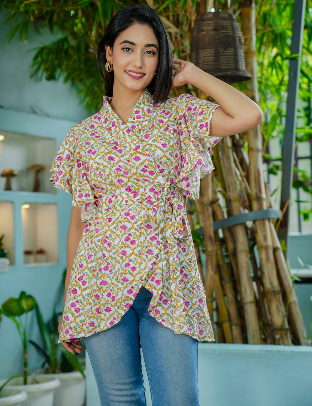Gul Viraasat Wrap-Style Floral Lattice Hand Block printed Cotton Short Kurti - HL60