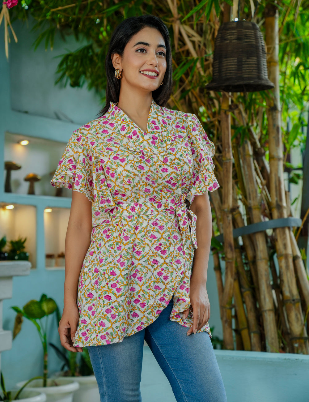 Gul Viraasat Wrap-Style Floral Lattice Hand Block printed Cotton Short Kurti - HL60