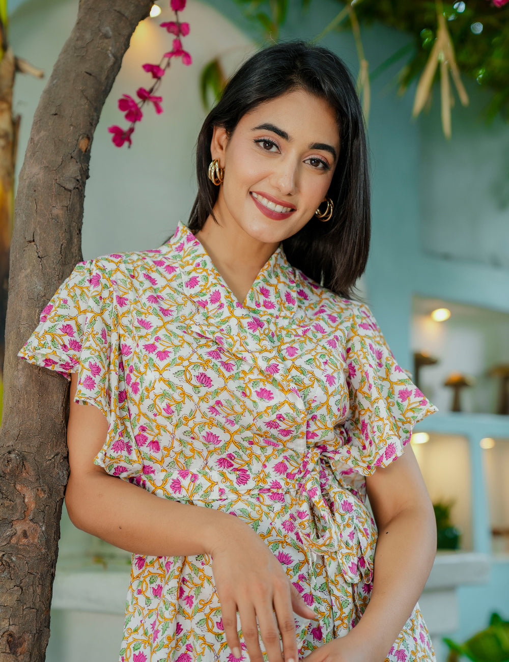 Gul Viraasat Wrap-Style Floral Lattice Hand Block printed Cotton Short Kurti - HL60